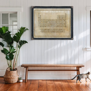 Original Food Periodic Table of Elements Print framed in Vintage Black above a rustic console table
