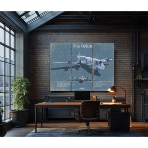 P-3 Orion Blueprint Aircraft Print as a 3 panel canvas wrap in an industrial loft office