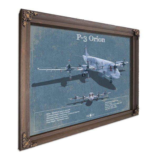 P-3 Orion Blueprint Aircraft Print in a Bourbon stained wood frame with antique gold corners