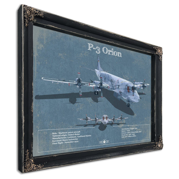 P-3 Orion Blueprint Aircraft Print in a distressed Vintage Black wood frame with ornate corners