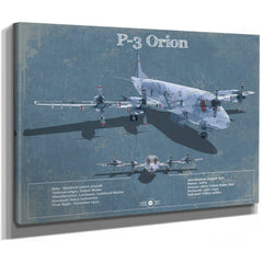P-3 Orion Blueprint Aircraft Print as a stretched canvas wrap with gallery wrapped edges
