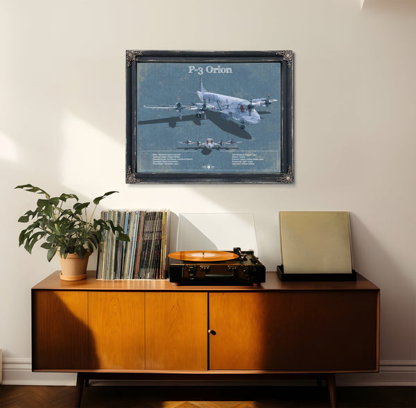 P-3 Orion Blueprint Aircraft Print framed in Vintage Black in a loft bedroom