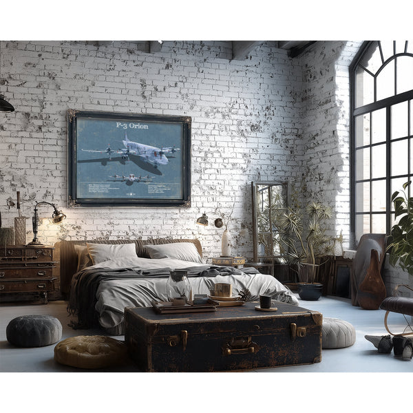 P-3 Orion Blueprint Aircraft Print framed in Vintage Black in a farmhouse entryway