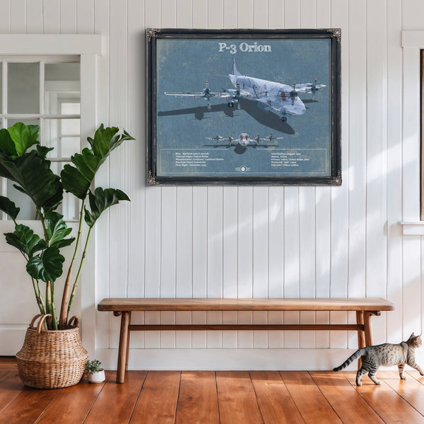 P-3 Orion Blueprint Aircraft Print framed in Vintage Black above a rustic console table