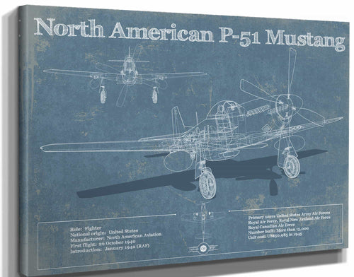 14" x 11" / Stretched Canvas Wrap Cutler West P-51 Mustang Fighter Plane Aircraft Blueprint Original Military Wall Art