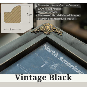 Vintage Black frame corner detail, 1.5 inch ornate wood moulding, P-51 Mustang Fighter Plane Print