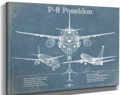 14" x 11" / Stretched Canvas Wrap Cutler West P-8 Poseidon Aircraft Blueprint Original Military Wall Art