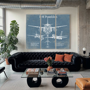 P-8 Poseidon Blueprint Aircraft Print as a 3 panel canvas wrap in a modern living room