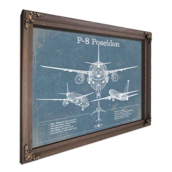 P-8 Poseidon Blueprint Aircraft Print in a Bourbon stained wood frame with antique gold corners