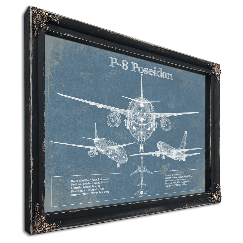 P-8 Poseidon Blueprint Aircraft Print in a distressed Vintage Black wood frame with ornate corners