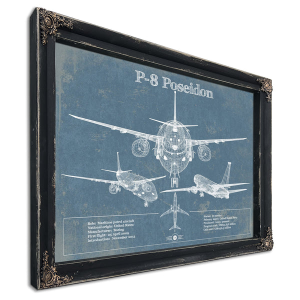 P-8 Poseidon Blueprint Aircraft Print in a distressed Vintage Black wood frame with ornate corners
