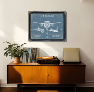P-8 Poseidon Blueprint Aircraft Print framed in Vintage Black in a loft bedroom