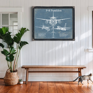 P-8 Poseidon Blueprint Aircraft Print framed in Vintage Black above a rustic console table