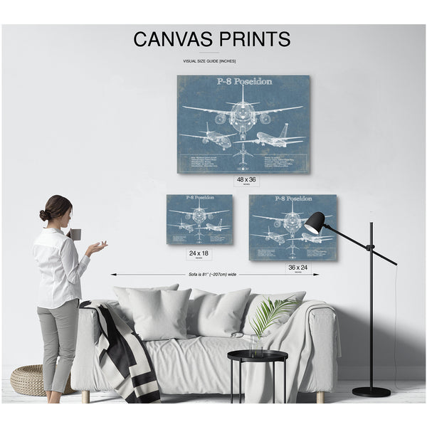 P-8 Poseidon Blueprint Aircraft Print displayed on a wall