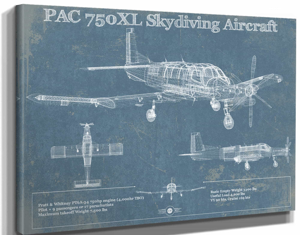 14" x 11" / Stretched Canvas Wrap Cutler West PAC 750XL Skydiving Aircraft Original Blueprint Art