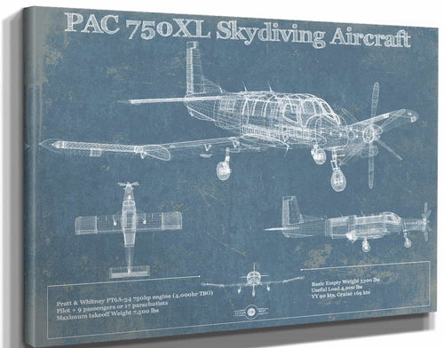 14" x 11" / Stretched Canvas Wrap Cutler West PAC 750XL Skydiving Aircraft Original Blueprint Art