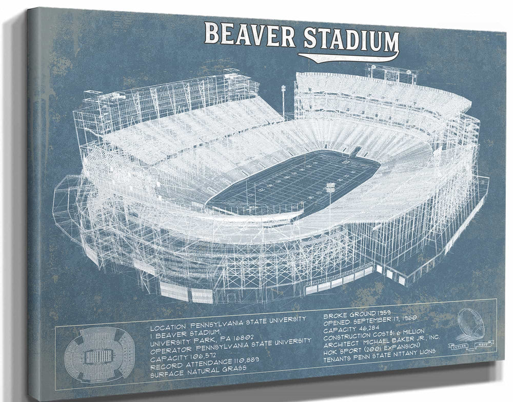 14" x 11" / Stretched Canvas Wrap Cutler West Penn State Nittany Lions - Beaver Stadium Vintage Blueprint Wall Art