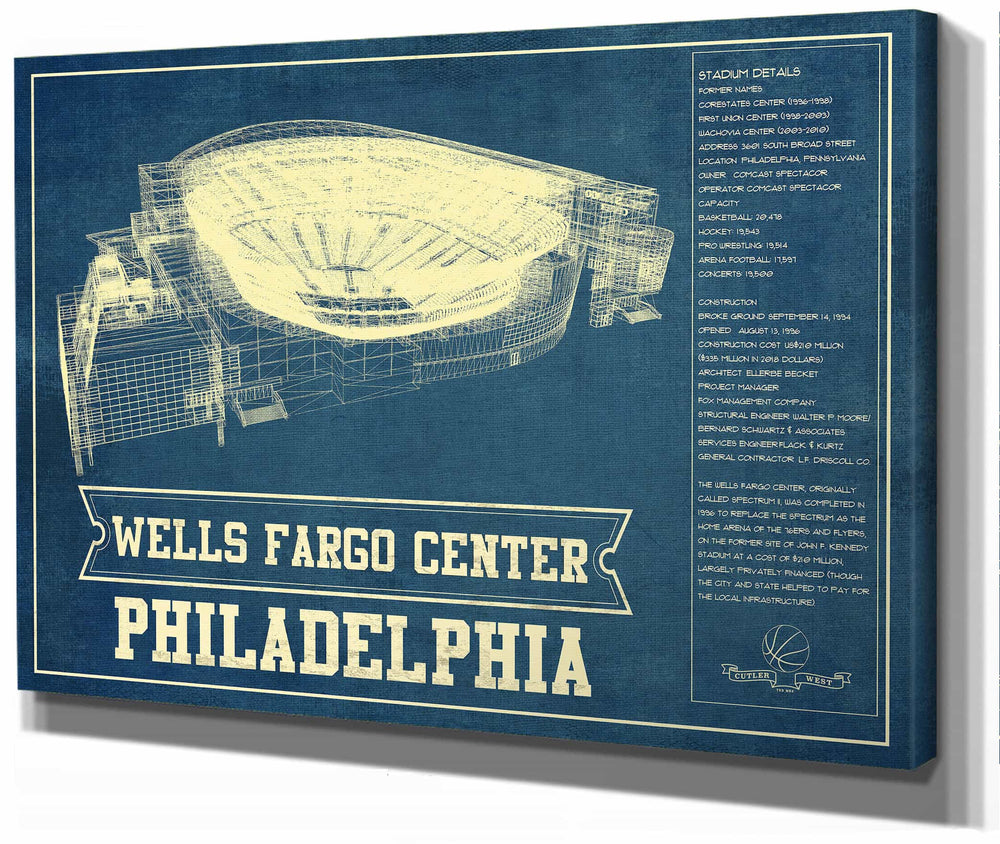 14" x 11" / Stretched Canvas Wrap Cutler West Philadelphia 76ers - Wells Fargo Center Vintage Basketball Blueprint NBA Print