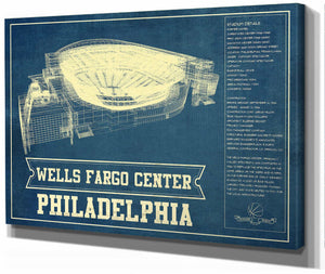 14" x 11" / Stretched Canvas Wrap Cutler West Philadelphia 76ers - Wells Fargo Center Vintage Basketball Blueprint NBA Print