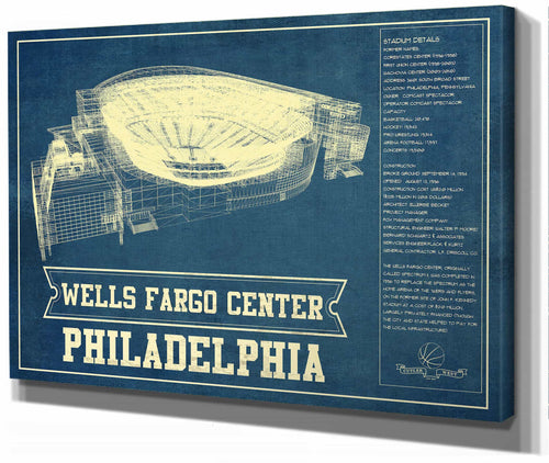 14" x 11" / Stretched Canvas Wrap Cutler West Philadelphia 76ers - Wells Fargo Center Vintage Basketball Blueprint NBA Print