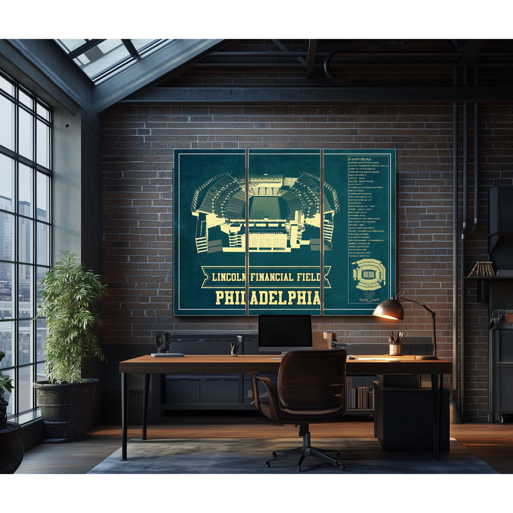 Philadelphia Eagles Lincoln Financial Field Print in a distressed Vintage Black wood frame with ornate corners