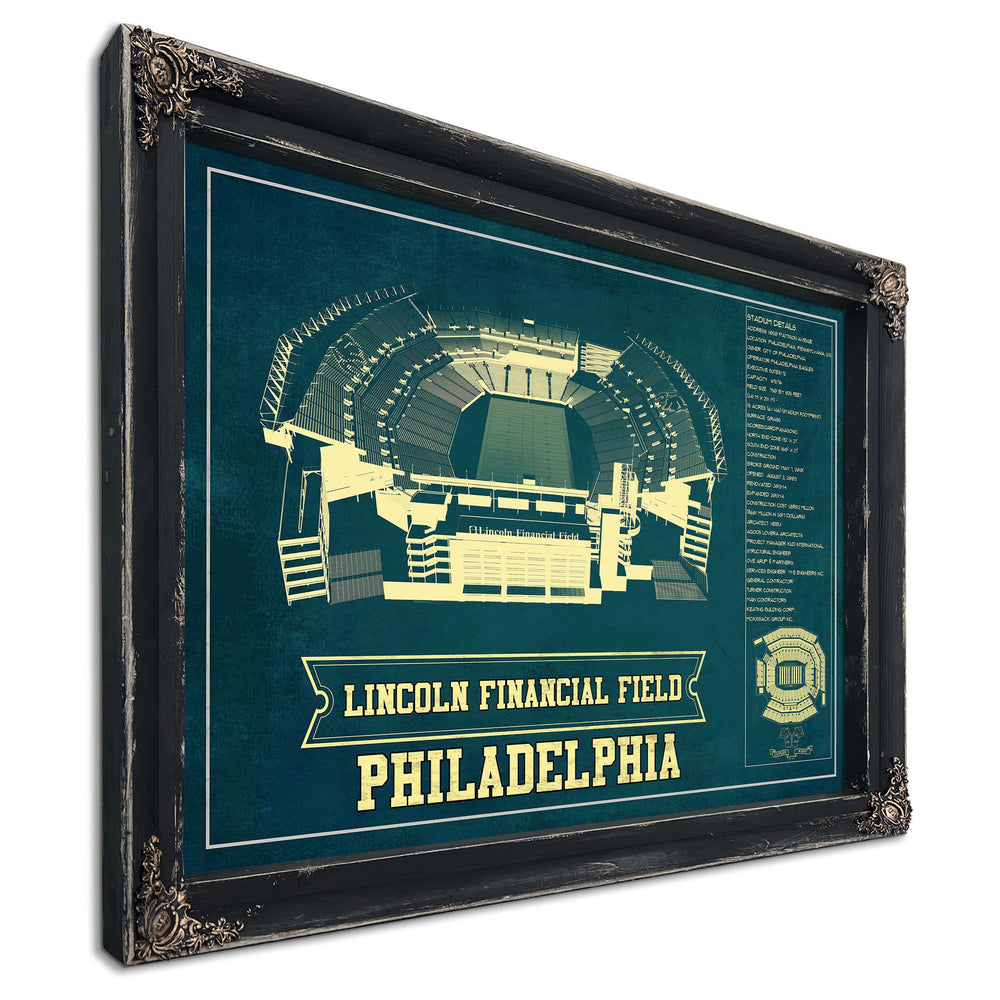 Philadelphia Eagles Lincoln Financial Field Print in a distressed Vintage Black wood frame with ornate corners