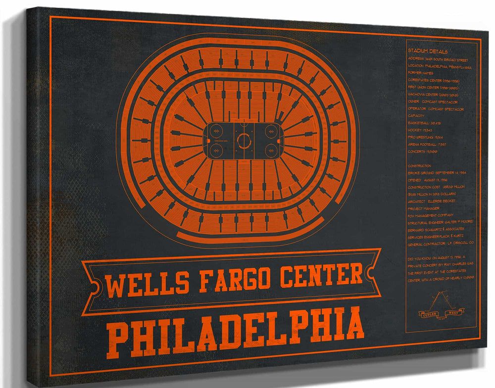 14" x 11" / Stretched Canvas Wrap Cutler West Philadelphia Flyers Wells Fargo Center Philadelphia Seating Chart - Vintage Hockey Team Color Print