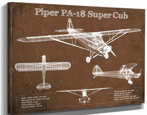 14" x 11" / Stretched Canvas Wrap Cutler West Piper PA-18 Super Cub Original Blueprint Art