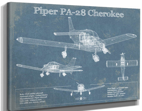 14" x 11" / Stretched Canvas Wrap Cutler West Piper PA-28 Cherokee Original Blueprint Art