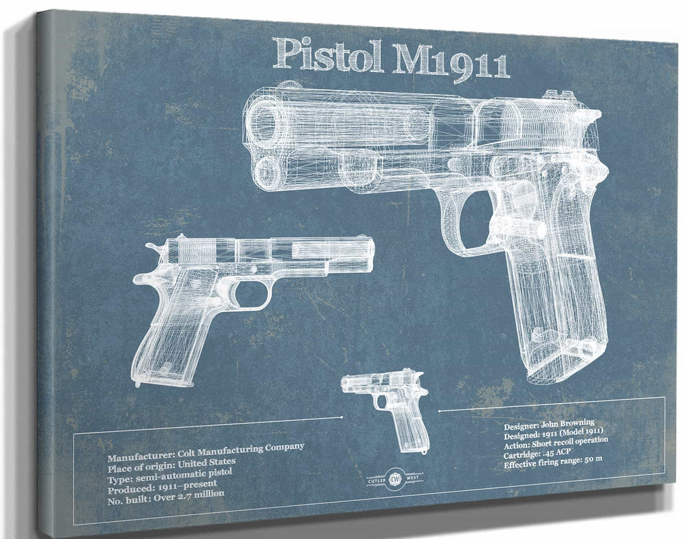 14" x 11" / Stretched Canvas Wrap Cutler West Pistol M1911 Blueprint Vintage Gun Print
