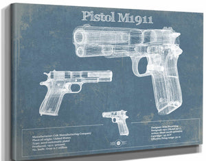 14" x 11" / Stretched Canvas Wrap Cutler West Pistol M1911 Blueprint Vintage Gun Print
