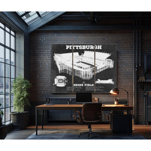 Pittsburgh Steelers Stadium Art - Heinz Field Print as a 3 panel canvas wrap in an industrial loft office