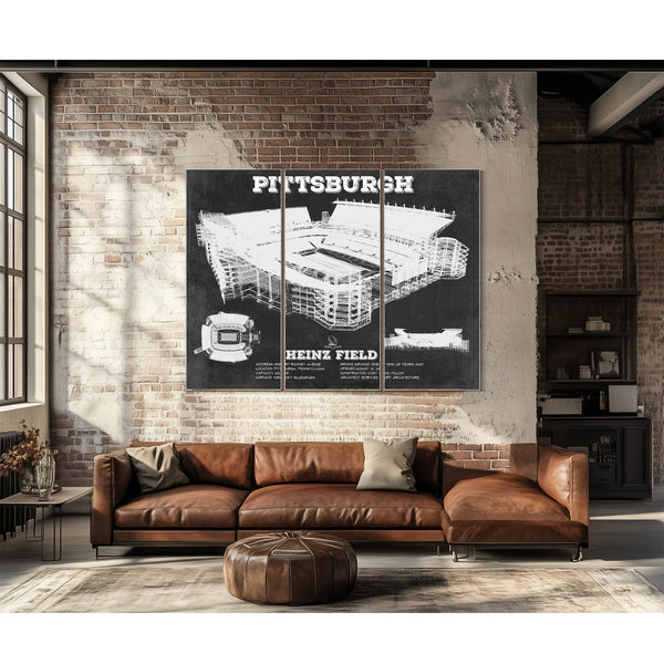 Pittsburgh Steelers Stadium Art - Heinz Field Print as a 3 panel canvas wrap above a leather sofa