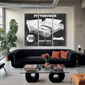 Pittsburgh Steelers Stadium Art - Heinz Field Print as a 3 panel canvas wrap in a modern living room