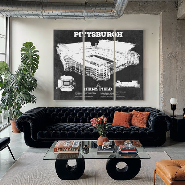 Pittsburgh Steelers Stadium Art - Heinz Field Print as a 3 panel canvas wrap in a modern living room