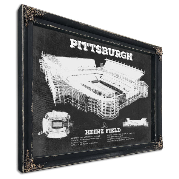 Pittsburgh Steelers Stadium Art - Heinz Field Print in a distressed Vintage Black wood frame with ornate corners