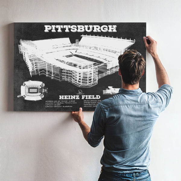 Pittsburgh Steelers Stadium Art - Heinz Field Print framed in Vintage Black above a mid-century record console