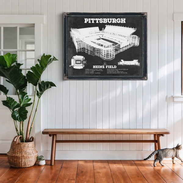 Pittsburgh Steelers Stadium Art - Heinz Field Print framed in Vintage Black above a rustic console table