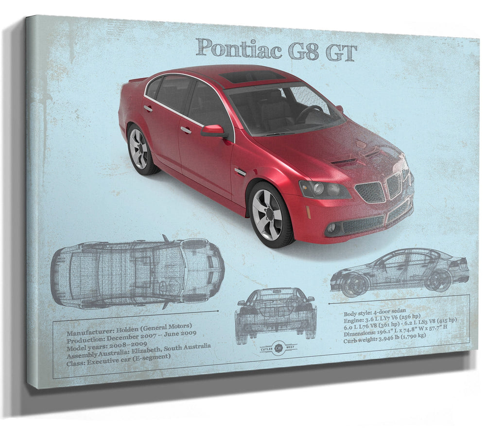 14" x 11" / Stretched Canvas Wrap Cutler West Pontiac G8 Gt Sport Red Metallic Blueprint Vintage Auto Print