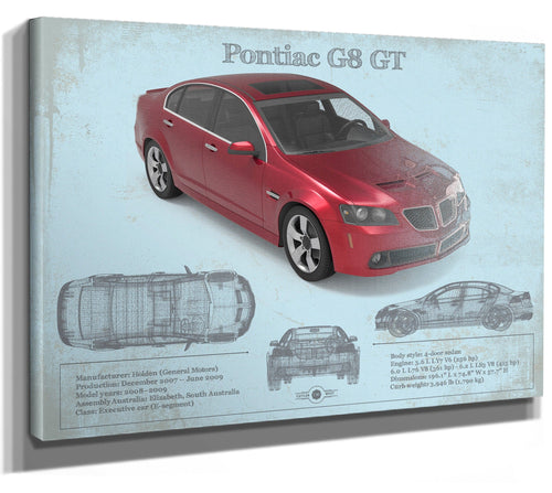 14" x 11" / Stretched Canvas Wrap Cutler West Pontiac G8 Gt Sport Red Metallic Blueprint Vintage Auto Print