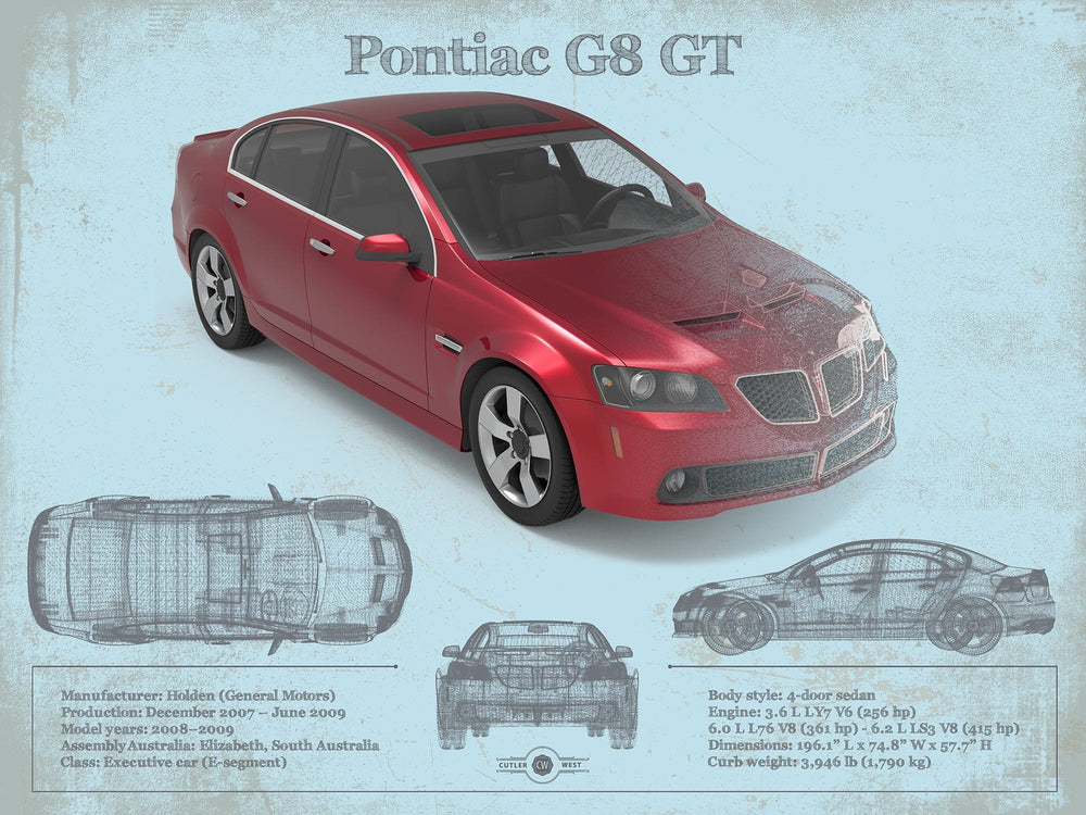 14" x 11" / Stretched Canvas Wrap Cutler West Pontiac G8 Gt Sport Red Metallic Blueprint Vintage Auto Print
