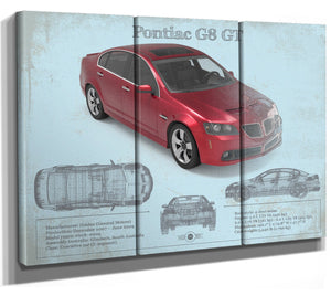 36" x 24" / 3 Panel Canvas Wrap Cutler West Pontiac G8 Gt Sport Red Metallic Blueprint Vintage Auto Print