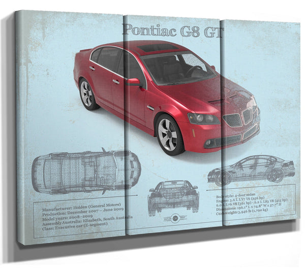 36" x 24" / 3 Panel Canvas Wrap Cutler West Pontiac G8 Gt Sport Red Metallic Blueprint Vintage Auto Print
