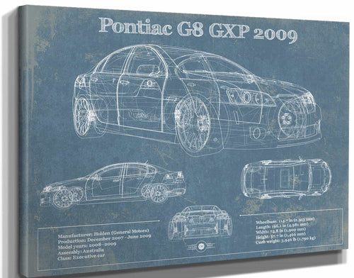 14" x 11" / Stretched Canvas Wrap Cutler West Pontiac G8 GXP 2009 Blueprint Vintage Auto Print