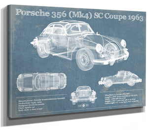 14" x 11" / Stretched Canvas Wrap Cutler West Porsche 356 (Mk4) SC Coupe 1963 Vintage Blueprint Auto Print