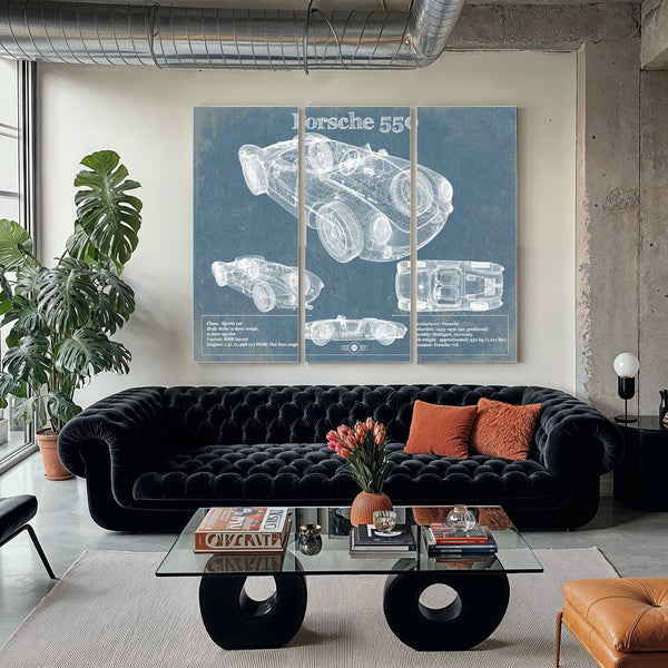 Porsche 550 Blueprint Art Print as a 3 panel canvas wrap in a modern living room