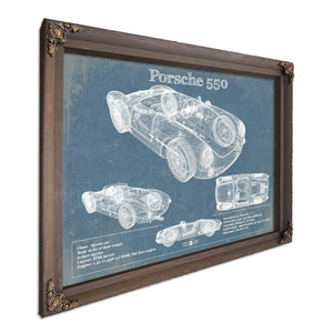 Porsche 550 Blueprint Art Print in a Bourbon stained wood frame with antique gold corners