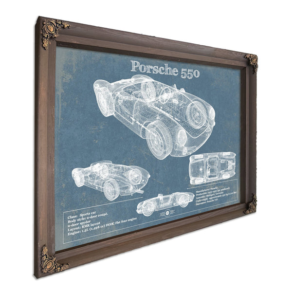 Porsche 550 Blueprint Art Print in a Bourbon stained wood frame with antique gold corners