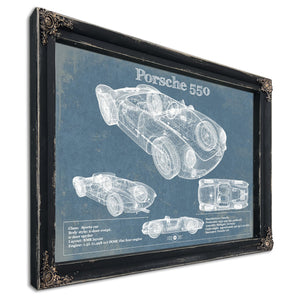Porsche 550 Blueprint Art Print in a distressed Vintage Black wood frame with ornate corners