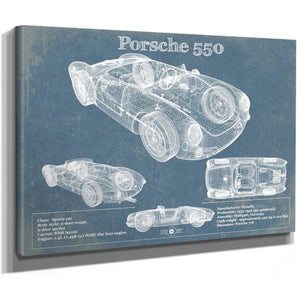 Porsche 550 Blueprint Art Print as a stretched canvas wrap with gallery wrapped edges